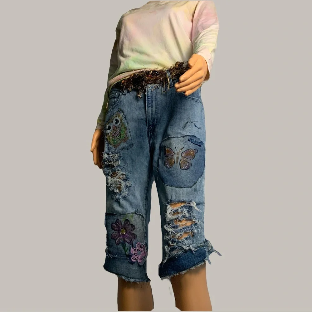 Homemade Patched Up Upcycled Blue Denim Cutoff Shorts - Picture 1 of 13